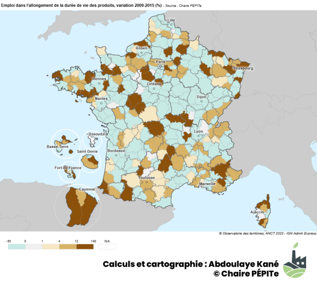 Emploi dans l’allongement de la durée de vie des produits, variation 2009 2015 (%)