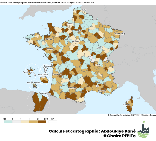 Emploi dans le recyclage et valorisation des déchets, variation 2015 2019 (%)